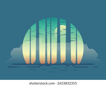 Minimal Wald Sonnenuntergang Illustration mit Nebel und Bäumen