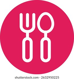 Icono de línea de tenedor y cuchara mínima sobre fondo circular rosa