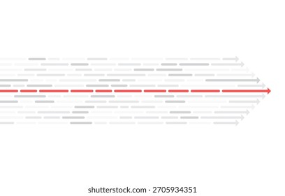 Minimaler Vorwärtspfeil, der durch geschichtete graue Geschwindigkeitslinien mit einem fett roten Pfad gebildet wird, die Richtung, Bewegung, Fortschritt und schnelle Bewegung in modernem Grafikdesign symbolisieren