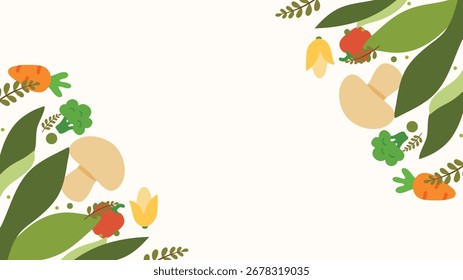 Diseño de marco mínimo decorado con zanahorias, setas, verduras y hojas