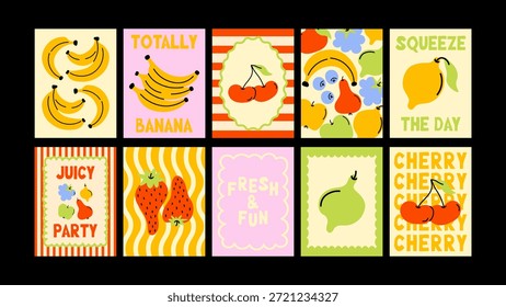 Afiche de frutas minimalista con formas simples y composición limpia. Estilo de vida saludable moderno y concepto de comida fresca.
