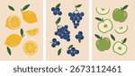 Minimal fruit vector set with lemons, grapes, and apples. Fresh colorful flat style illustrations for prints, stickers, packaging, patterns, and healthy food design projects.