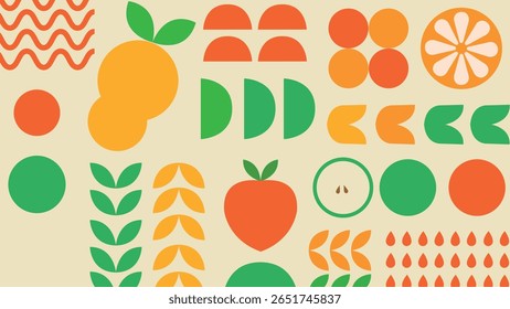 Minimal fruit and vegetable shapes with bright green and orange palette on cream. Ideal for smoothie bar visuals.