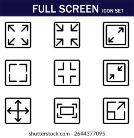Minimal full screen icon set with expand and shrink symbols. Perfect for UI,UX design, web, and mobile apps. Includes line style full screen, minimize, and resize interface icons.