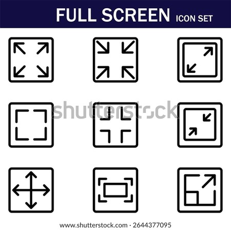 Minimal full screen icon set with expand and shrink symbols. Perfect for UI,UX design, web, and mobile apps. Includes line style full screen, minimize, and resize interface icons.