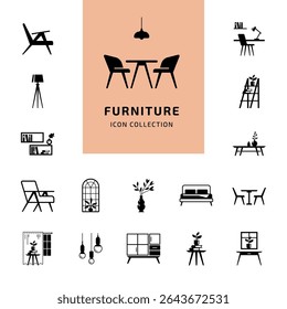 Minimal furniture icon set in black silhouette style, featuring chairs, tables, sofas, lamps, cabinets, shelves and decorative plants. Vector illustration perfect for interior design, home decor