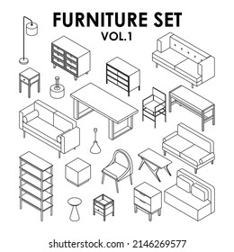 Minimal furniture set on white background, vector