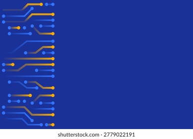 Minimal futuristic circuit lines on blue background with electronic pathways and digital nodes. Technology design representing data transmission, computing infrastructure and cyber networks