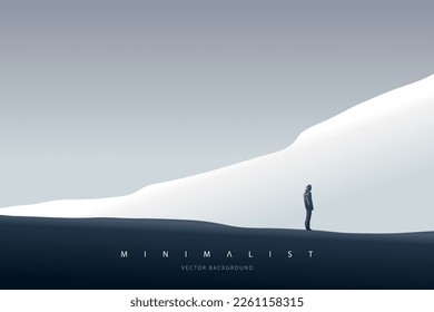 Un paisaje minimalista futurista. Fondo de montaña con una figura solitaria frente al portal. Afiche de ciencia ficción. Resumen de fondo artístico para web, impresiones, decoración artística y aplicaciones. Vector