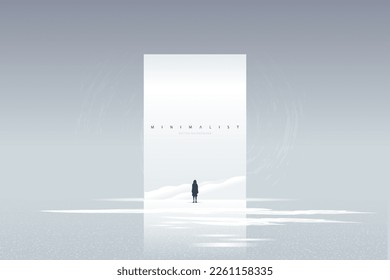 Minimal futuristic landscape. Mountain background with a lonely figure in front of the portal. Sci-Fi poster. Abstract art wallpaper for web, prints, art decoration and applications. Vector