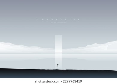 Un paisaje minimalista futurista. Fondo de montaña con una figura solitaria frente al portal. Afiche de ciencia ficción. Resumen de fondo artístico para web, impresiones, decoración artística y aplicaciones. Vector