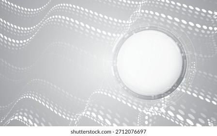 Fondo de tecnología futurista mínimo con una interfaz circular brillante, ondas punteadas fluidas y tonos grises suaves, que simbolizan las redes digitales, el flujo de datos y la innovación.