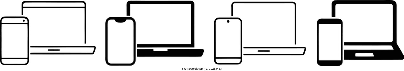 Conjunto de iconos de gadgets mínimos con ilustraciones de teléfonos inteligentes y computadoras portátiles. Símbolos de contorno de dispositivo modernos y limpios ideales para UI, App y marca tecnológica. Diseño de Vector de alta calidad para uso digital.