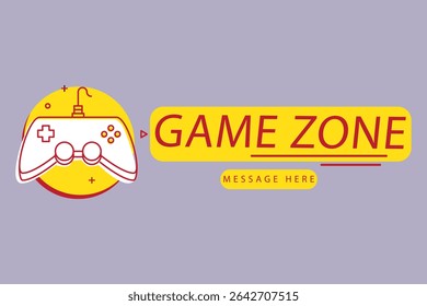 Minimal gaming logo with red-outlined controller, “Game Zone” text in bold yellow on grey background. Ideal for gaming posters, banners, and streaming visuals.