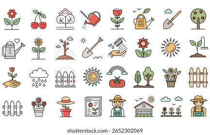 Minimal Gardening Icons – Clean Line Vector Set, Vector pictograms of grow your own food, watering can, greenhouse, seedling, sprout, farmer, pollination, fertilizer thin linear icone set