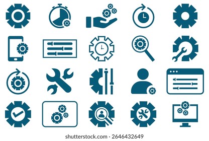 Conjunto de íconos de engranajes y Configuraciones mínimos: Vector de línea delgada editable para interfaz de usuario, Tecnología y configuración