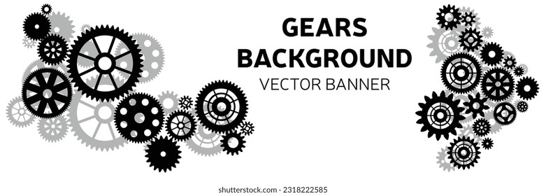 Minimal gears banner. Abstract techno background with gear wheels. Vector illustration of gear mechanism.