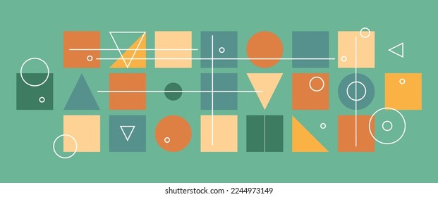 Minimal geometric abstract background. Modern art mid-century pattern of circle square and triangles. Blue green orange and yellow shapes and outline design elements in banner or business template