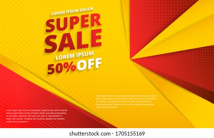 Minimal geometric abstract background. Super Sale banner. Bright design texture. Dynamic shapes composition. Discount up to 50 percent off. Yellow and Red. Vector illustration.