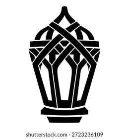 Minimal geometric Arabic lantern logo inspired by traditional weaving patterns, designed in bold black silhouette with a clean flat vector style for modern Islamic branding and Ramadan visuals