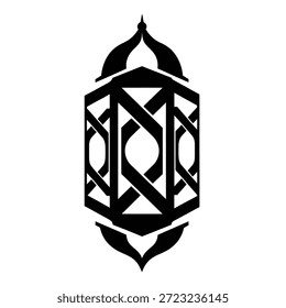 Minimal geometric Arabic lantern logo inspired by traditional weaving patterns, designed in bold black silhouette with a clean flat vector style for modern Islamic branding and Ramadan visuals
