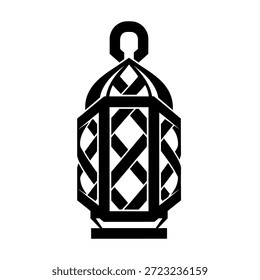 Minimales geometrisches arabisches Laternenlogo, inspiriert von traditionellen Webmustern, entworfen in kräftiger schwarzer Silhouette mit einem sauberen flachen Vektorstil für modernes islamisches Branding und Ramadan-Visuelles