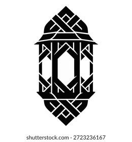 Logotipo de lanterna árabe geométrico mínimo inspirado em padrões de tecelagem tradicionais, projetado em silhueta preta em negrito com um estilo vetorial plano limpo para a marca islâmica moderna e os visuais do Ramadã