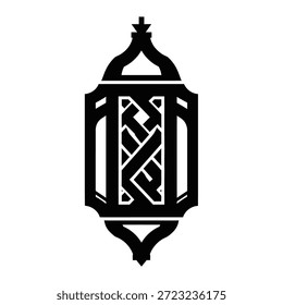 Minimal geometric Arabic lantern logo inspired by traditional weaving patterns, designed in bold black silhouette with a clean flat vector style for modern Islamic branding and Ramadan visuals