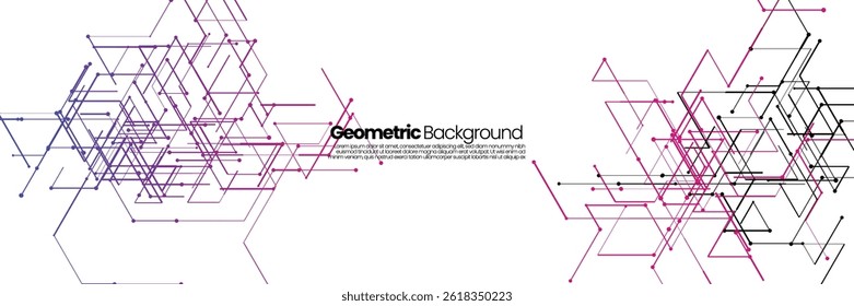 Minimal geometric background with abstract lines and dots forming complex network shapes.