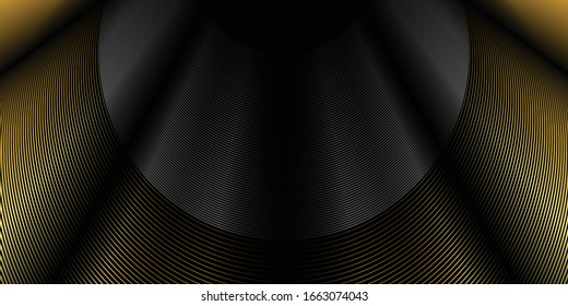 Minimal Geometric Background. Banner With Gold Texture Decoration On The Black Background. Black, Gold Cover Template, Geometric Shapes. Modern Minimal Banner. 