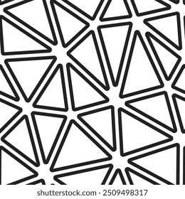 Minimal geometric background. Big triangles size. Black and white style. Rounded triangles outlined. Repeatable pattern. Monochrome Contrast. Modern vector tiles. Seamless vector illustration.