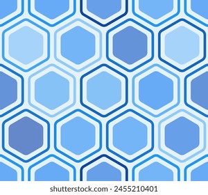 Minimal geometric background. Bold rounded hexagons mosaic pattern with inner solid cells. Blue color tones. Large hexagons. Tileable pattern. Seamless vector illustration.