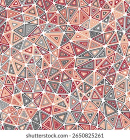 Minimal geometric background. Compact triangles size. Multiple repeated inner triangles. Multicolored style. Repeatable pattern. Stylish vector tiles. Seamless vector illustration.