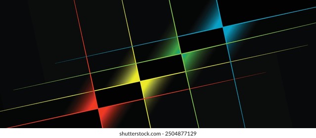 Minimaler geometrischer Hintergrund. Komposition aus dynamischen blauen, roten, grünen und gelben Formen mit orangefarbenen Linien. Moderner Hipster futuristischer grafischer abstrakter Hintergrund. Vektor