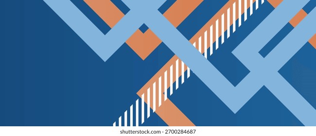 Fundo geométrico mínimo. Composição dinâmica de formas azuis com linhas laranja. Fundo abstrato moderno hipster gráfico futurista