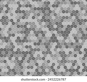 Minimal geometric background. Hexagon stacked mosaic background. Grey color tones. Hexagon shapes. Seamless pattern. Tileable vector illustration.