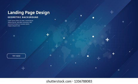 Fondo geométrico mínimo. Plantilla de diseño de página de inicio. Proyecto de inteligencia artificial - Composición del mapa mundial. Vector EPS10