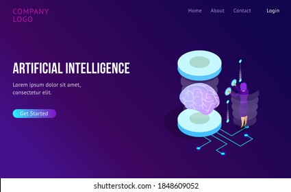 Minimal geometric background. Landing page design template. Artificial intelligence with 3D isometric composition. vector illustration.