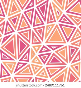 Minimal geometric background with large triangles in a multicolored style. Solid shapes in frames with a coral pink palette. Seamless vector illustration.
