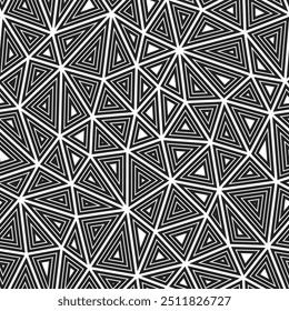 Minimal geometric background. Medium triangles size. Multiple repeated inner triangles. Black and white style. Repeatable pattern. Awesome vector tiles. Seamless vector illustration.