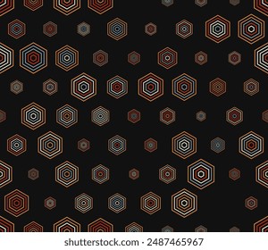 Minimal geometric background. Multicolored geometric elements of varied size. Simple stacked hexagons. Hexagonal cells. Tileable pattern. Seamless vector illustration.