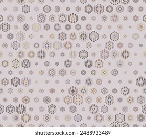 Minimal geometric background. Multicolored geometric elements of varied sizes. Hexagon stacked mosaic cells. Hexagon cells. Tileable pattern. Seamless vector illustration.