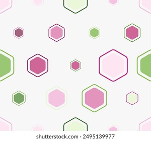 Minimal geometric background. Multicolored geometric elements of varied size. Rounded hexagons mosaic cells with padding and inner solid cells. Large hexagons. Tileable pattern.