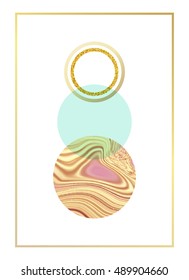 Minimal geometric background with rose gold marble, gold circles in Scandinavian style.