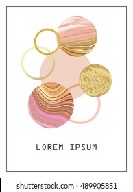 Minimal geometric background with rose gold marble, gold circles in Scandinavian style.