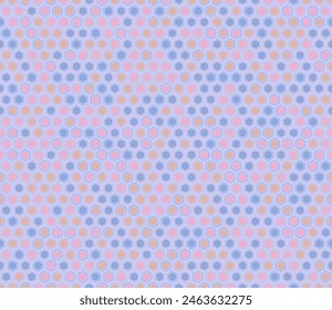 Minimal geometric background. Rounded hexagons mosaic cells with padding and inner solid cells. Hexagon shapes. Multiple tones color palette. Seamless pattern. Tileable vector illustration.