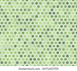 Minimal geometric background. Rounded hexagons mosaic pattern with inner solid cells. Green color tones. Hexagon geometric shapes. Tileable pattern. Seamless vector illustration.