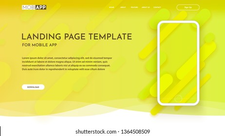 Minimal Geometric Background In Trendy Meadowlark And Lime Punch Summer Colors With Schematic Phone Image And 3d Background On It. Vector. Landing Page Template. Header Template.