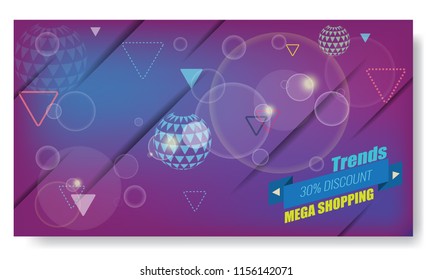 Minimal geometric background with trendy ribbon and arrow globes. Vector Dynamic shapes composition for sale and shopping poster.