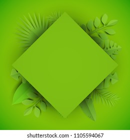 Minimal geometric background with tropical leafs in paper cut style, design for branding, advertising. Template for covers, invitations, posters, banners, flyers, placards. Vector illustration.